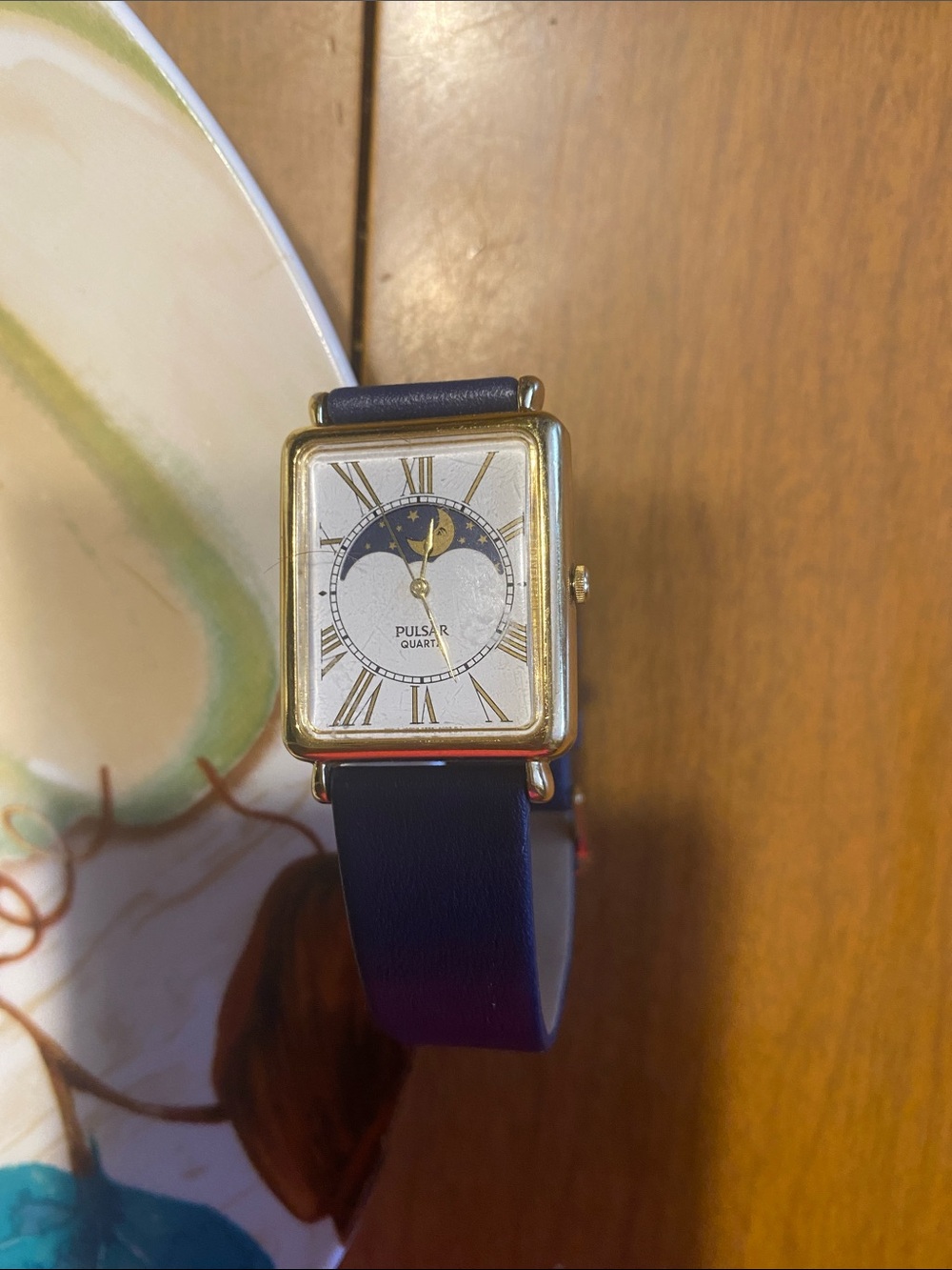 Pulsar Gold-Tone Square Moonphase Watch with Navy Strap